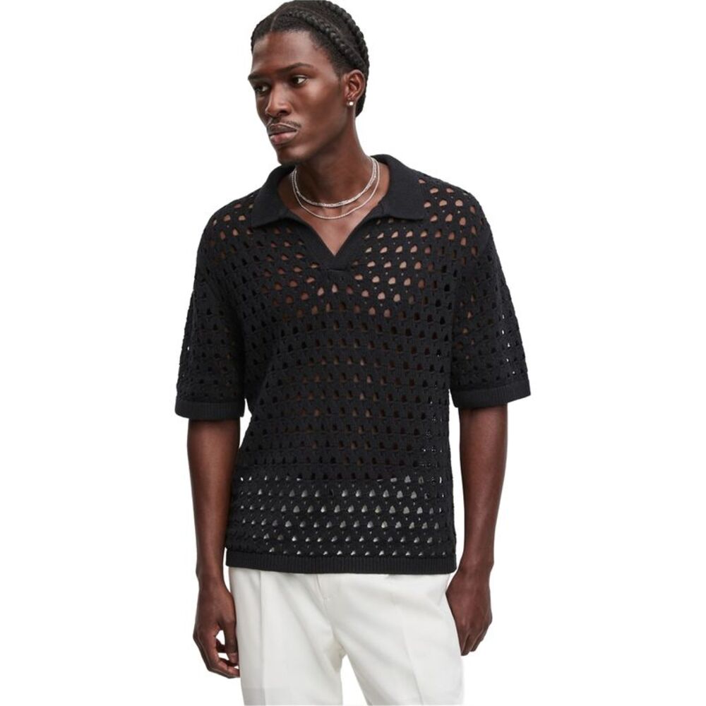 Mode Of One Mens Johnny-Collar Open-Stitch Short-Sleeve Polo Sweater, NWT